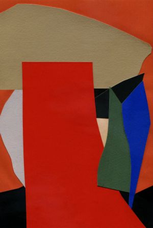 An illustration of red, blue, green, and gold abstract shapes