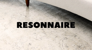 The Resonnaire logo in front of a close-up photo of a white rug and white sofa in natural lighting