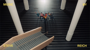 A group of dancers viewed from above in a room with a black floor and white columns overlayed with the text "MUSIC BY STEVE REICH"