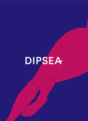 A blue and red illustration of a nude figure with the Dipsea logo