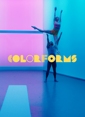 The COLORFORMS logo in yellow in front of two people dancing in a room lit with blue light