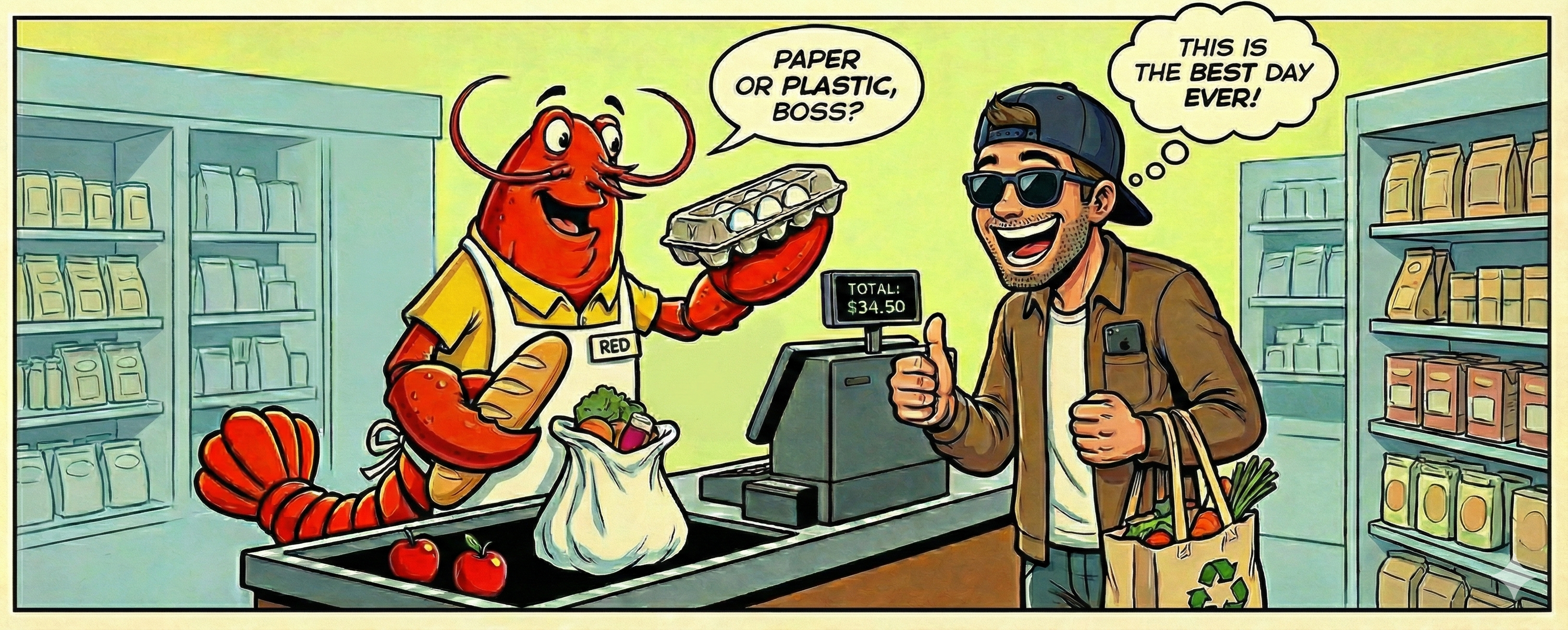 A lobster as grocery store clerk talking to a man