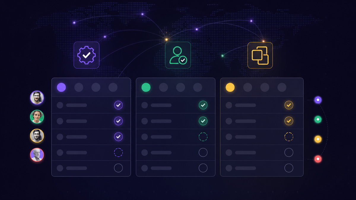 A flat-style illustration of a feature comparison dashboard for web tools, showing multiple interface panels side by side with checkmarks and status indicators glowing in different colors. Abstract icons representing QA automation, client approval, and multi-asset review float above the panels. A world map in the background with subtle glowing nodes and connecting lines suggests a distributed remote team.