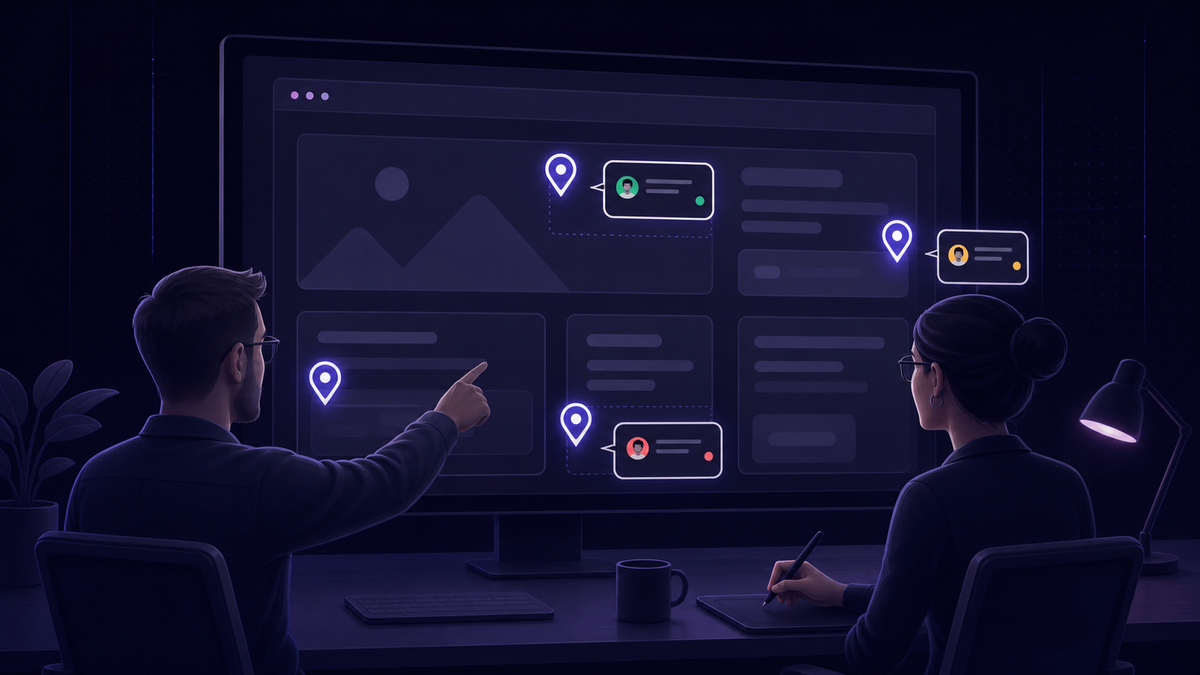 A flat-style digital illustration showing a modern web design interface on a large monitor screen, with multiple glowing pin markers and comment bubbles floating above different UI elements on the webpage. Two designers sit at a desk collaborating, one pointing at the screen.