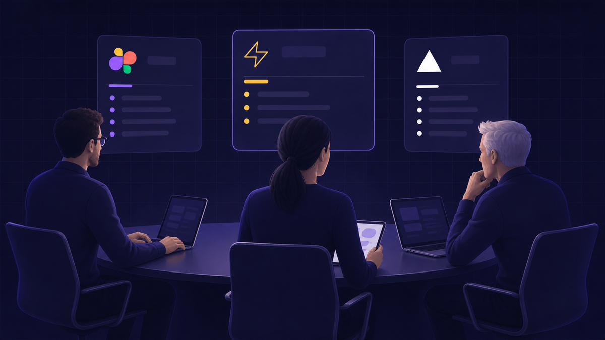 A clean, modern flat-style illustration of a team of three professionals sitting around a conference table, each looking at a laptop or tablet screen, reviewing and evaluating different software options displayed as cards or panels floating above the table. The scene conveys collaborative decision-making and comparison.