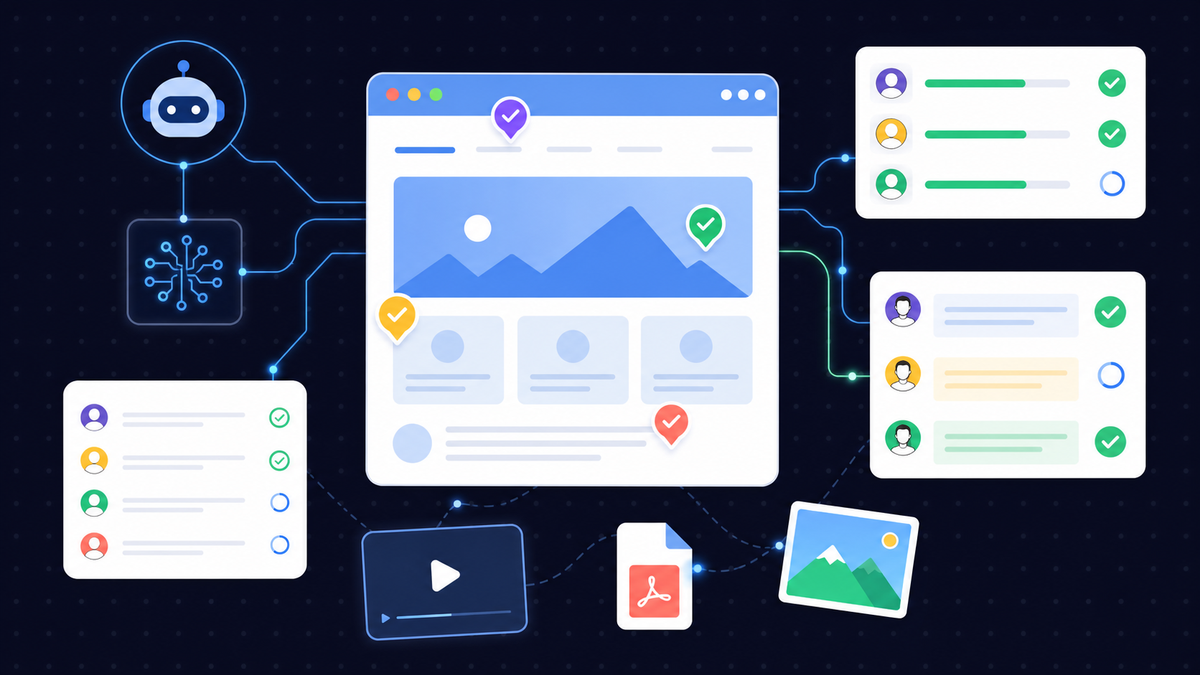 A flat-style digital illustration of an AI-powered quality assurance workflow for a web agency. A stylized browser window displays a website with colorful annotation pins and checkmark badges automatically appearing on different page elements. Glowing circuit-like lines connect the browser to floating dashboard panels showing task lists, approval status indicators, and client review cards. Multiple asset types — a video thumbnail, a PDF icon, an image frame — orbit the central browser. The scene conveys automated deploy-triggered checking, organized client feedback, and multi-asset coverage. Soft blue, white, and green color palette with subtle tech accents. No text, no letters, no words.