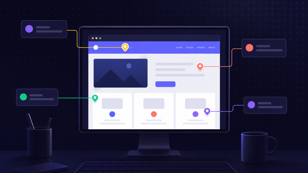 A clean, modern illustration showing a web design review workflow. A designer sits at a monitor displaying a website mockup with colorful pin markers highlighting specific UI elements on the screen. Multiple small comment bubbles float near the pinned elements, each connected by thin lines to their respective page sections.