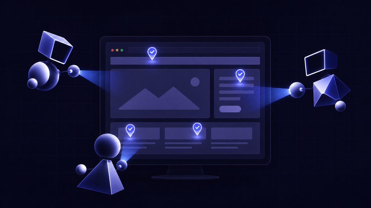 A sleek, modern illustration of AI agents autonomously scanning a website interface. Multiple robotic or abstract AI figures represented as glowing geometric shapes are hovering around a large monitor displaying a website layout, each inspecting different sections like navigation, buttons, images, and text blocks. Glowing pin markers and checkmarks appear on various page elements to indicate completed checks.