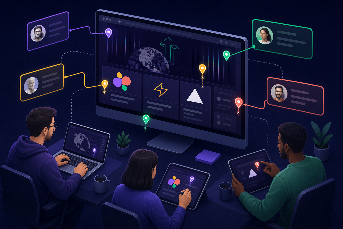 A modern digital workspace scene showing a web browser displaying a website with colorful pinned comment markers and annotation pins scattered across the page layout, multiple team members collaborating remotely, glowing interface panels floating around a central monitor, clean flat-style illustration with a professional blue and purple color palette, top-down isometric perspective