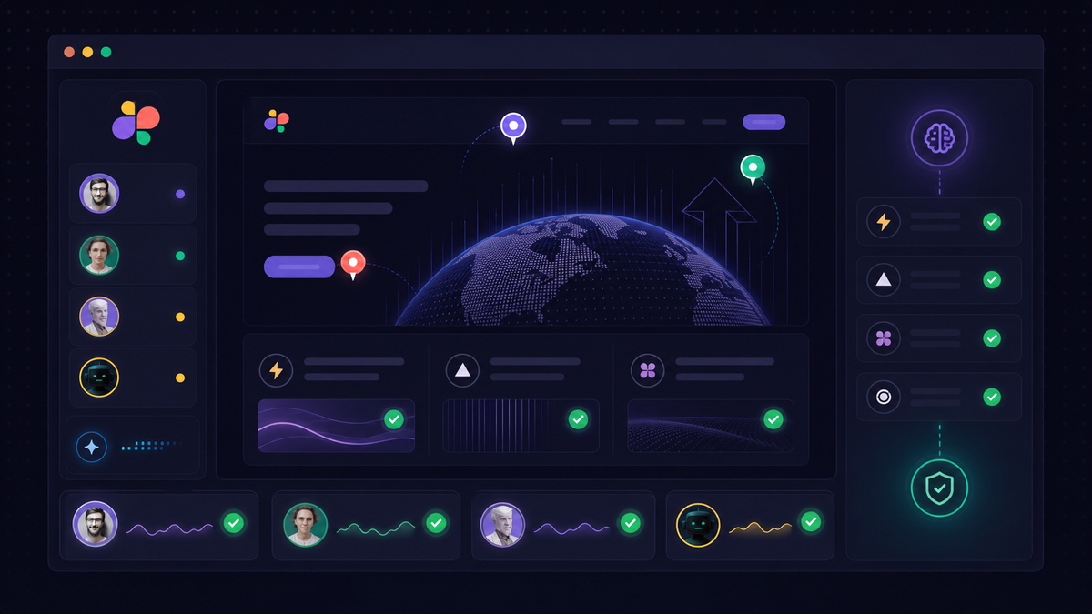 A sleek, modern digital illustration showing a web agency dashboard interface with AI agents automatically scanning a website, pinned comment markers appearing on UI elements like buttons and images, glowing check marks indicating passed quality checks, and a clean organized workflow overview — all in a professional dark-mode aesthetic with cool blue and purple accent colors, no text or labels anywhere in the image