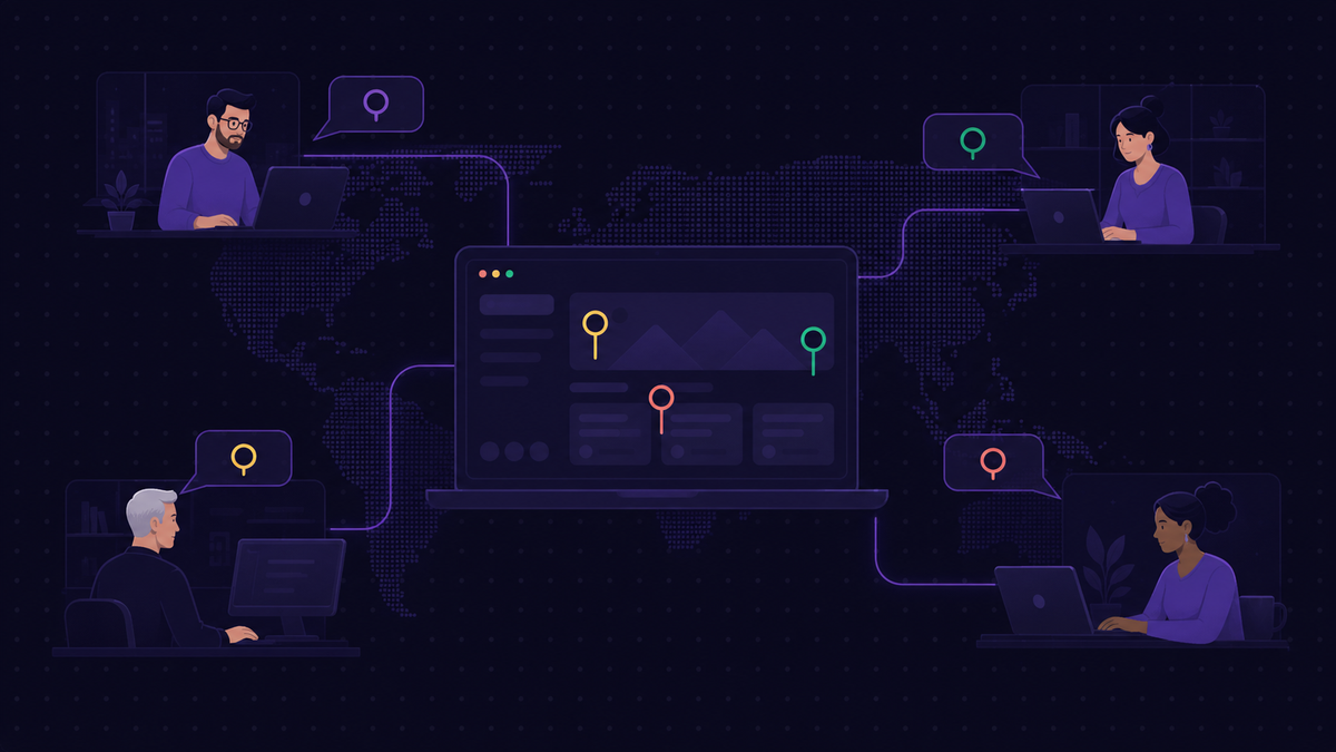 A flat-style illustration of a distributed remote team collaborating on a website review. Multiple people at desks in different locations connected by glowing lines on a world map background, with annotation pins and comment bubbles floating above a laptop screen showing a website interface.