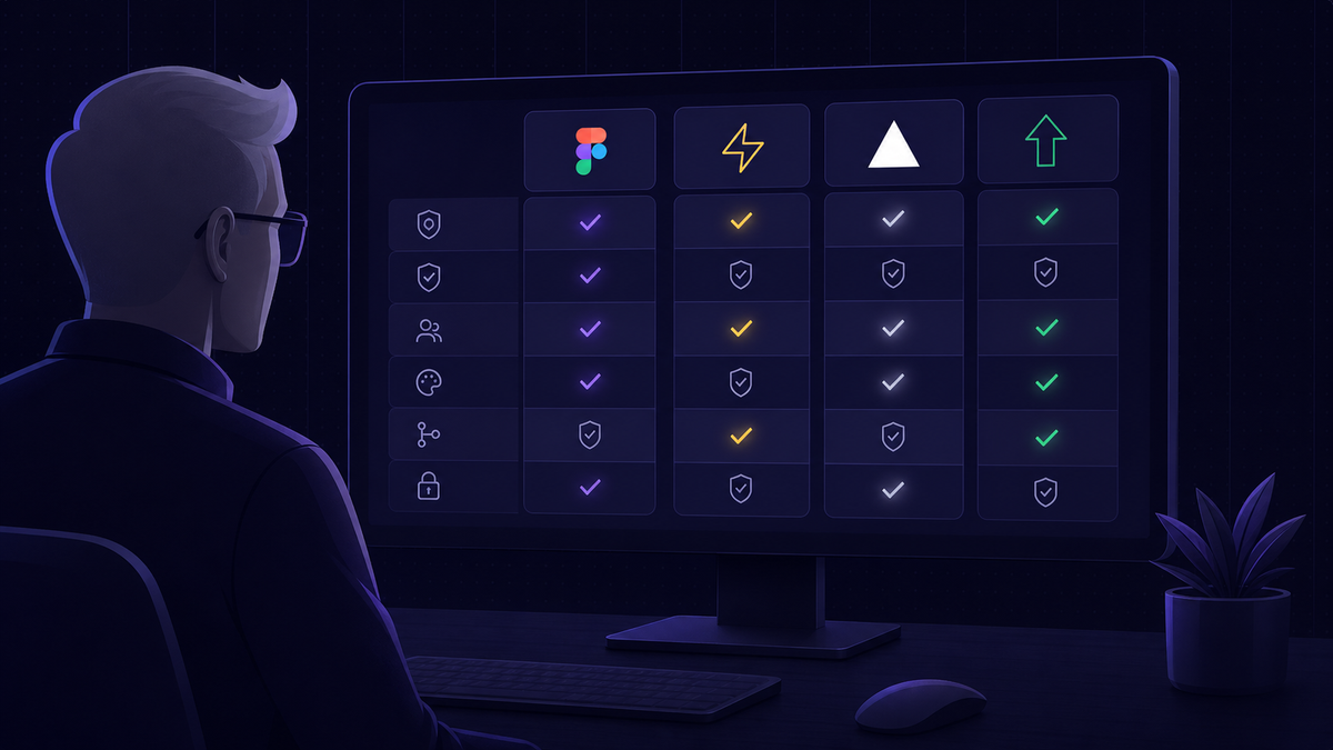 A flat-style digital illustration showing a clean comparison grid or scorecard layout with multiple software tool cards arranged side by side on a modern dashboard interface. Each card has small icons representing different features like checkmarks and shield symbols. A designer sits at a desk reviewing the grid on a large monitor.