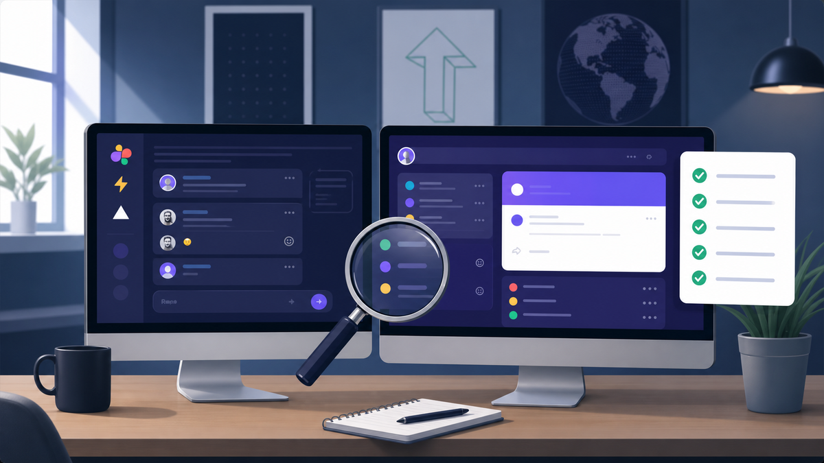 A clean flat illustration of two web browsers side by side on a desk, each displaying a different website interface with colorful UI elements, a magnifying glass hovering over one screen highlighting details, and a checklist with checkmarks floating nearby, representing a thorough feature comparison of digital tools, muted blues and greens color palette, modern agency office setting, no text or words anywhere in the image