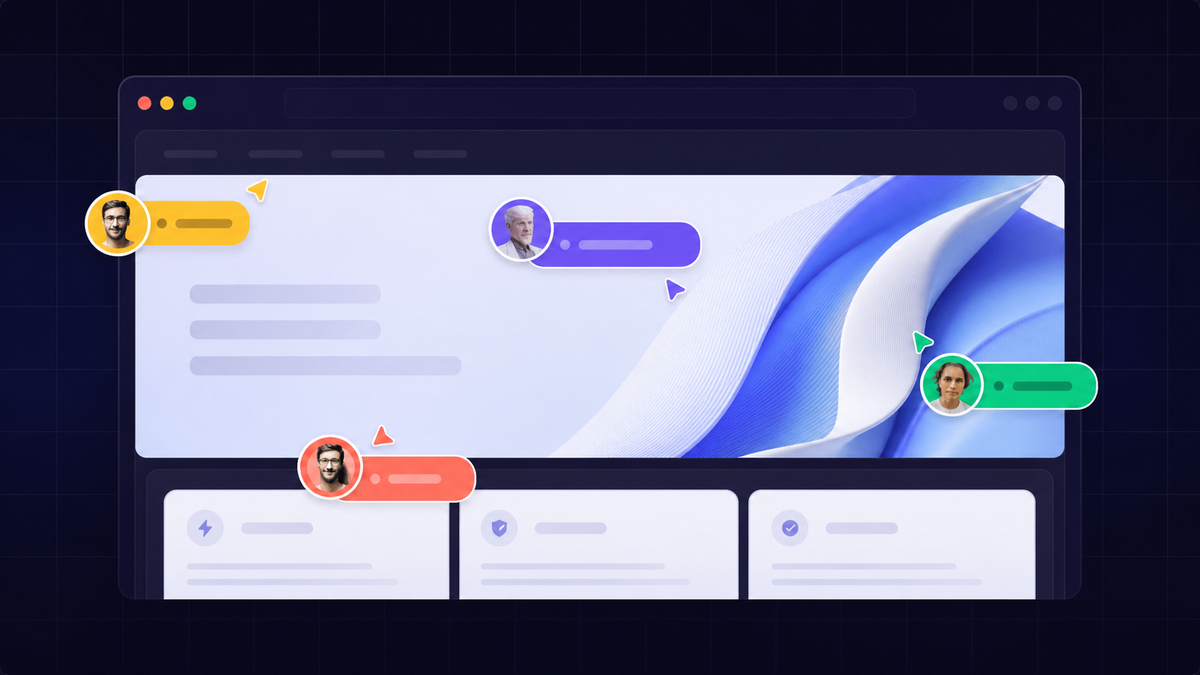 A modern digital workspace showing a sleek web browser interface with colorful annotation pins and comment bubbles overlaid on a website design, depicting a collaborative review process with multiple stakeholders leaving visual feedback on different elements of the page.