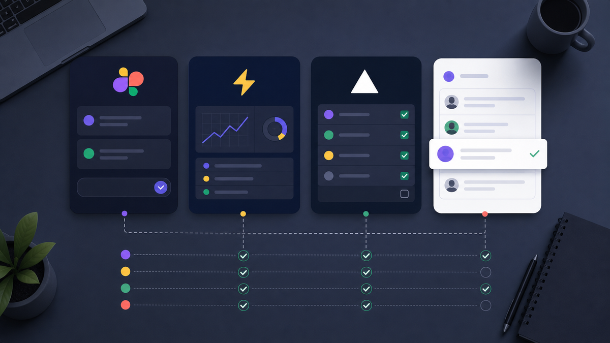 A clean, modern flat-design illustration showing multiple software interface cards or panels arranged side by side on a desk, each representing a different digital tool, with subtle connection lines and checkmarks indicating feature comparisons, muted professional color palette with blues and grays, top-down perspective, no text or labels
