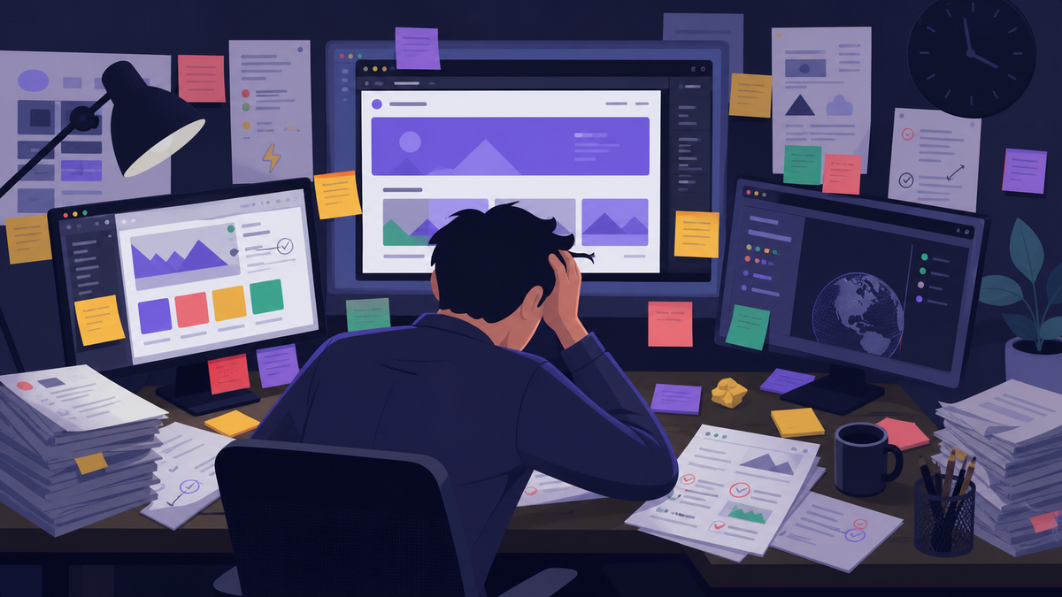 A frustrated project manager at a desk covered with sticky notes and browser windows, manually reviewing a website on multiple monitors, surrounded by stacks of papers and feedback forms, conveying the burden of manual quality assurance work in a modern agency office setting, flat illustration style with muted blues and grays