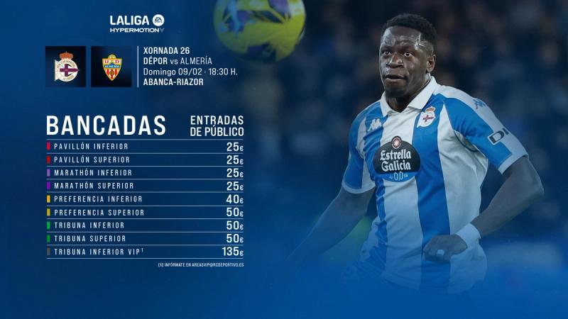 A la venta las entradas de público para el partido ante la UD Almería del domingo 9 de febrero en ABANCA-RIAZOR