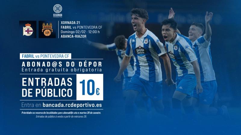 Entradas (gratuítas e obrigatorias para socios e socias) para o Fabril - Pontevedra CF do domingo 2 de febreiro ás 12:00 en ABANCA-RIAZOR
