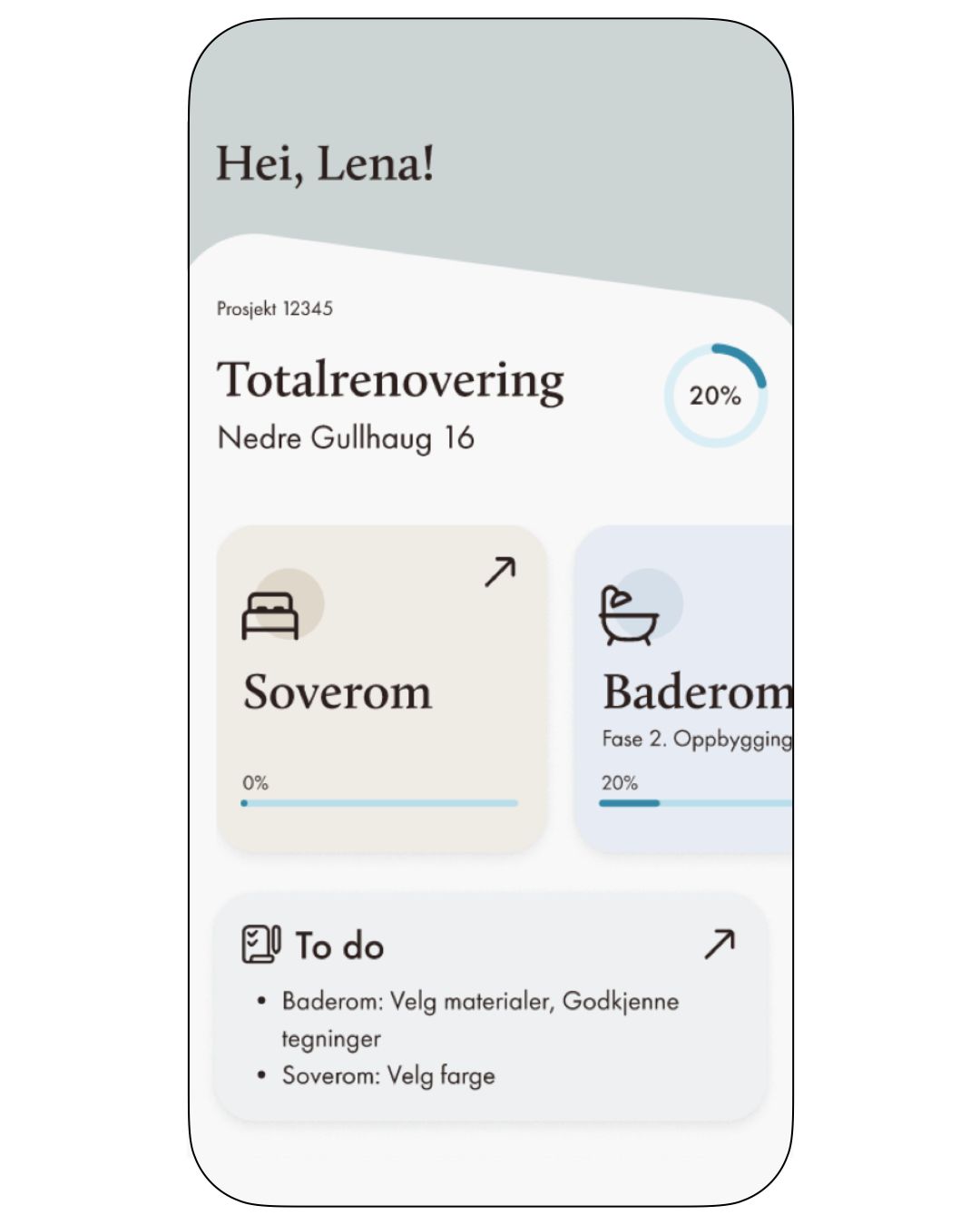 Lomundals prosjektportal på mobil, med oversikt over et totalrenoveringsprosjekt og fremdrift per rom.