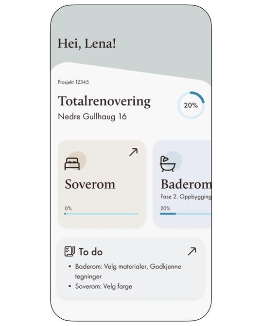 Lomundals prosjektportal på mobil, med oversikt over et totalrenoveringsprosjekt og fremdrift per rom.