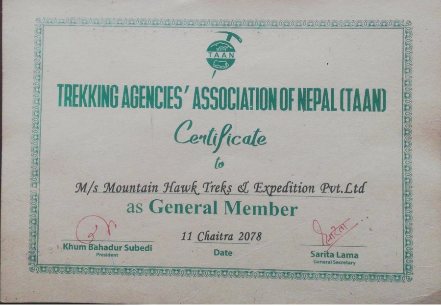 Membership of Trekking Agencies Association Of Nepal (TAAN)