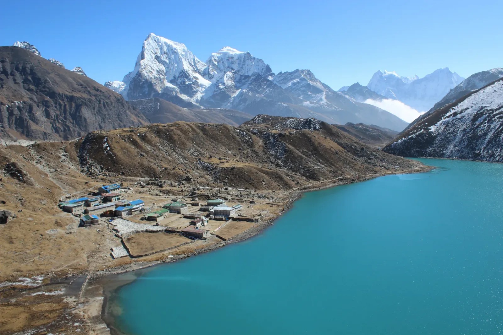 Gokyo village sits at 4,790m on the lakeshore. The climb starts from its northern edge.