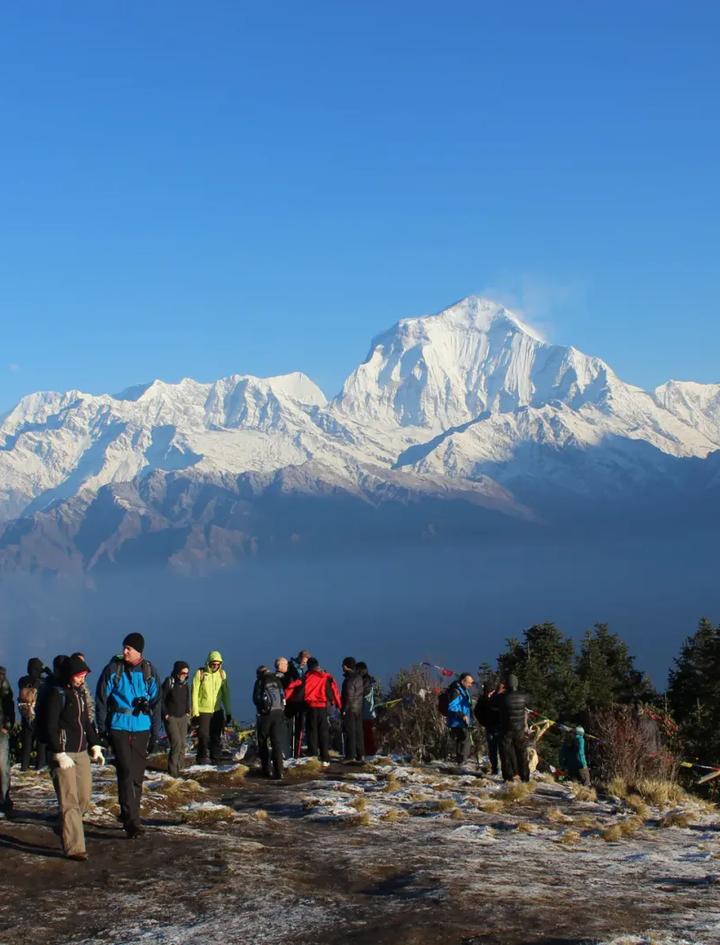 Trekkers crossing the frost-dusted summit plateau of Poon Hill just after sunrise, with Dhaulagiri and the Annapurna range filling the skyline behind them
