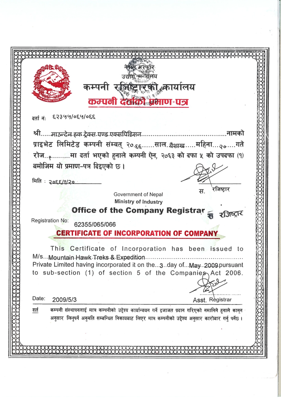 Certificate of Incorporation of Company