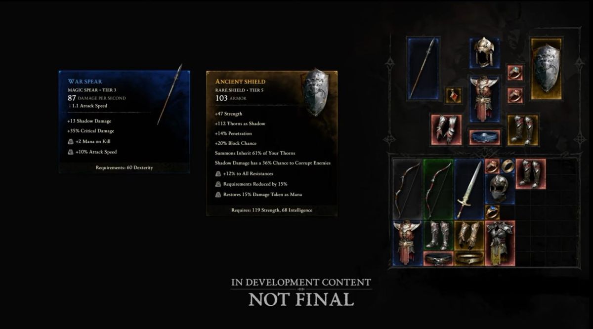 Diablo V inventory screen shown at BlizzCon 2026, marked in development