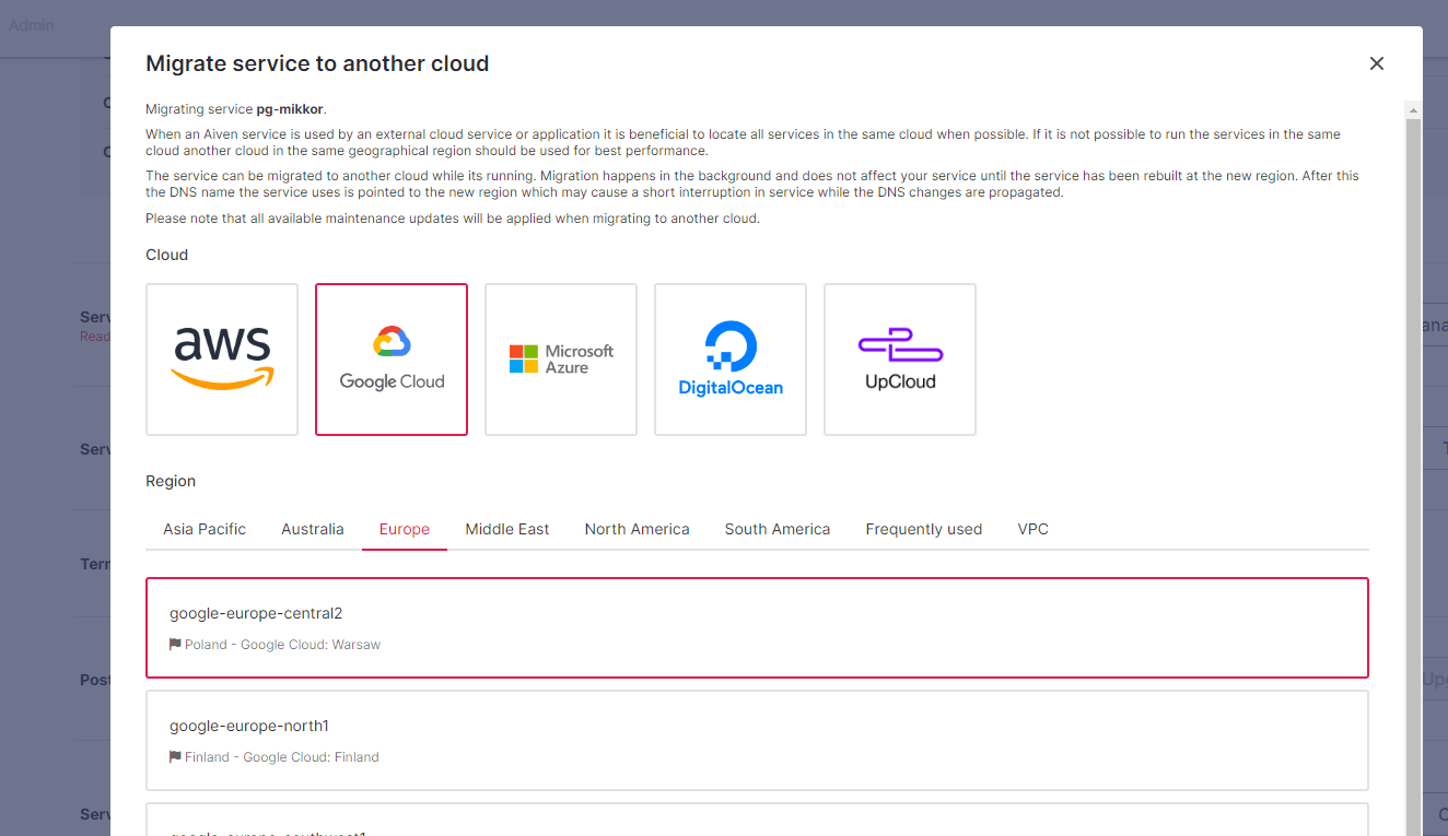 Aiven Console screenshot migrate service to another cloud