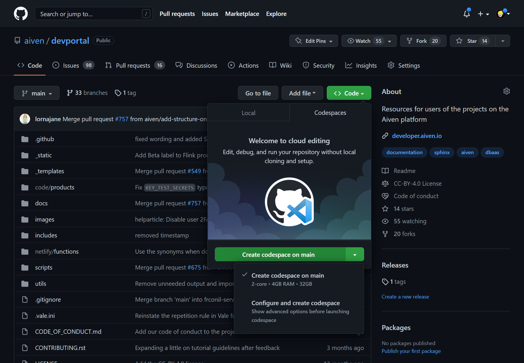 docs-as-code select the codespaces button