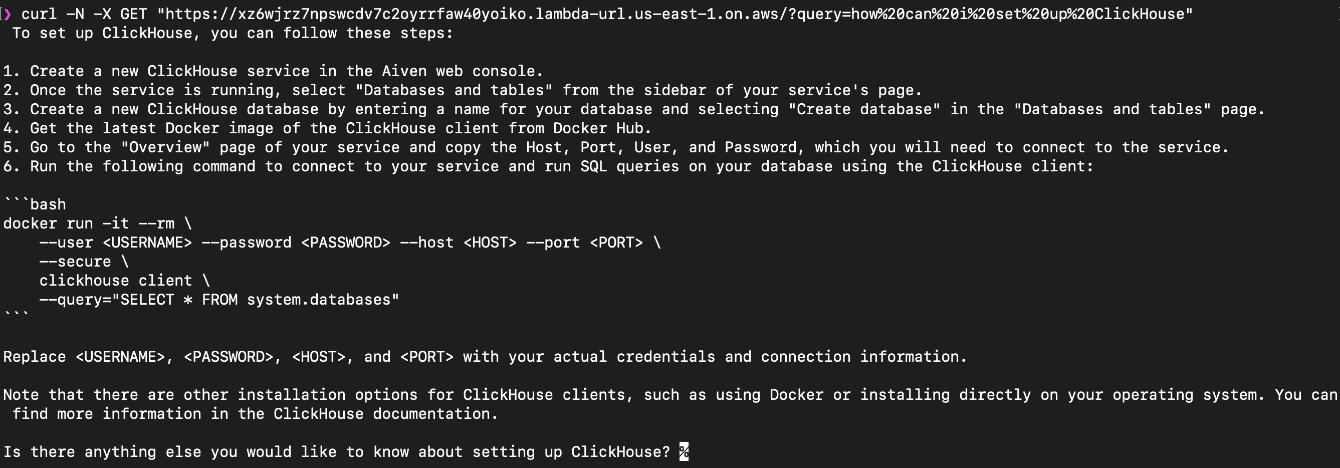 Example of invoking the lambda function using curl