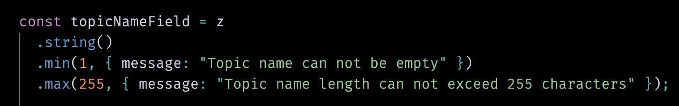 a screenshot of a code environment showing the .min and .max methods from zod. Both are implemented with error messages