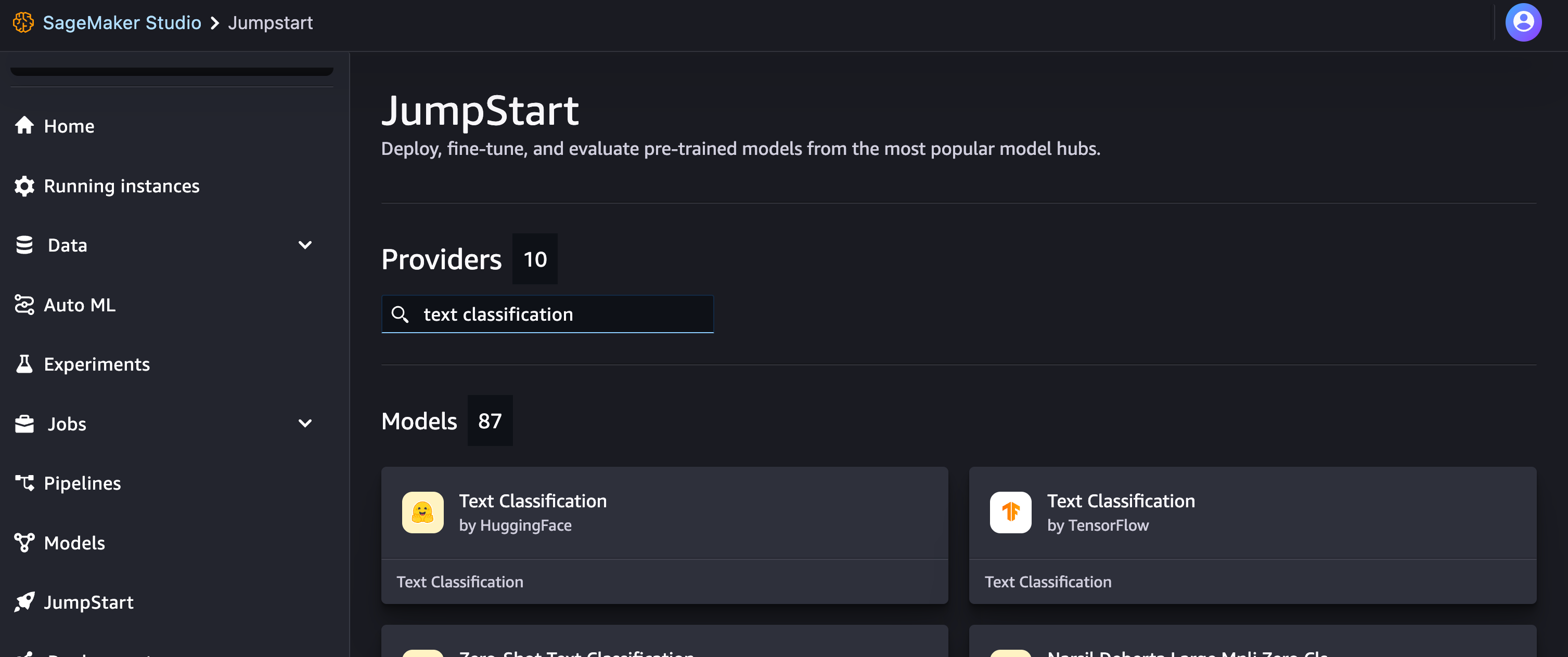 Search for text classification in JumpStart