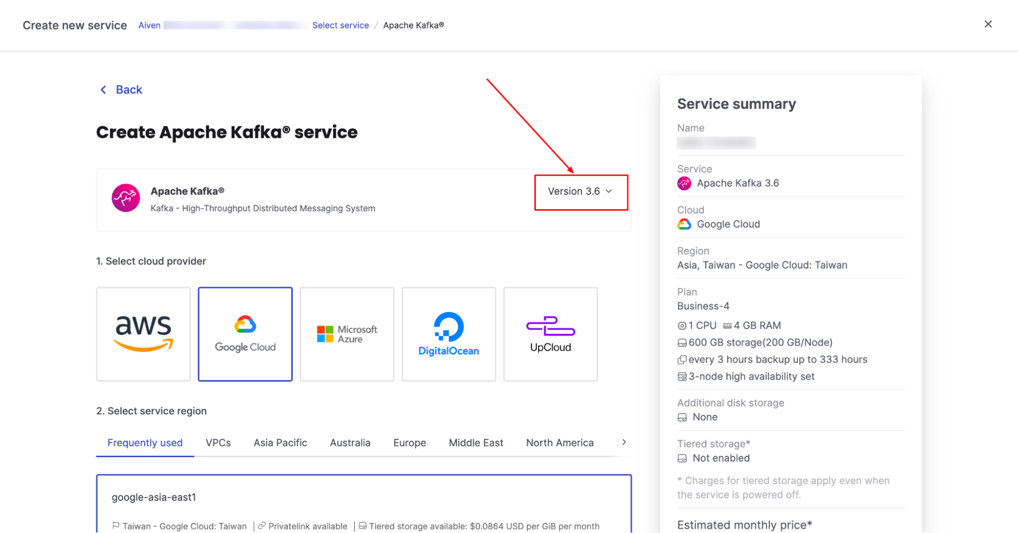 Select Kafka version 3.6 to be able to use Tiered Storage in Aiven for Apache Kafka:
