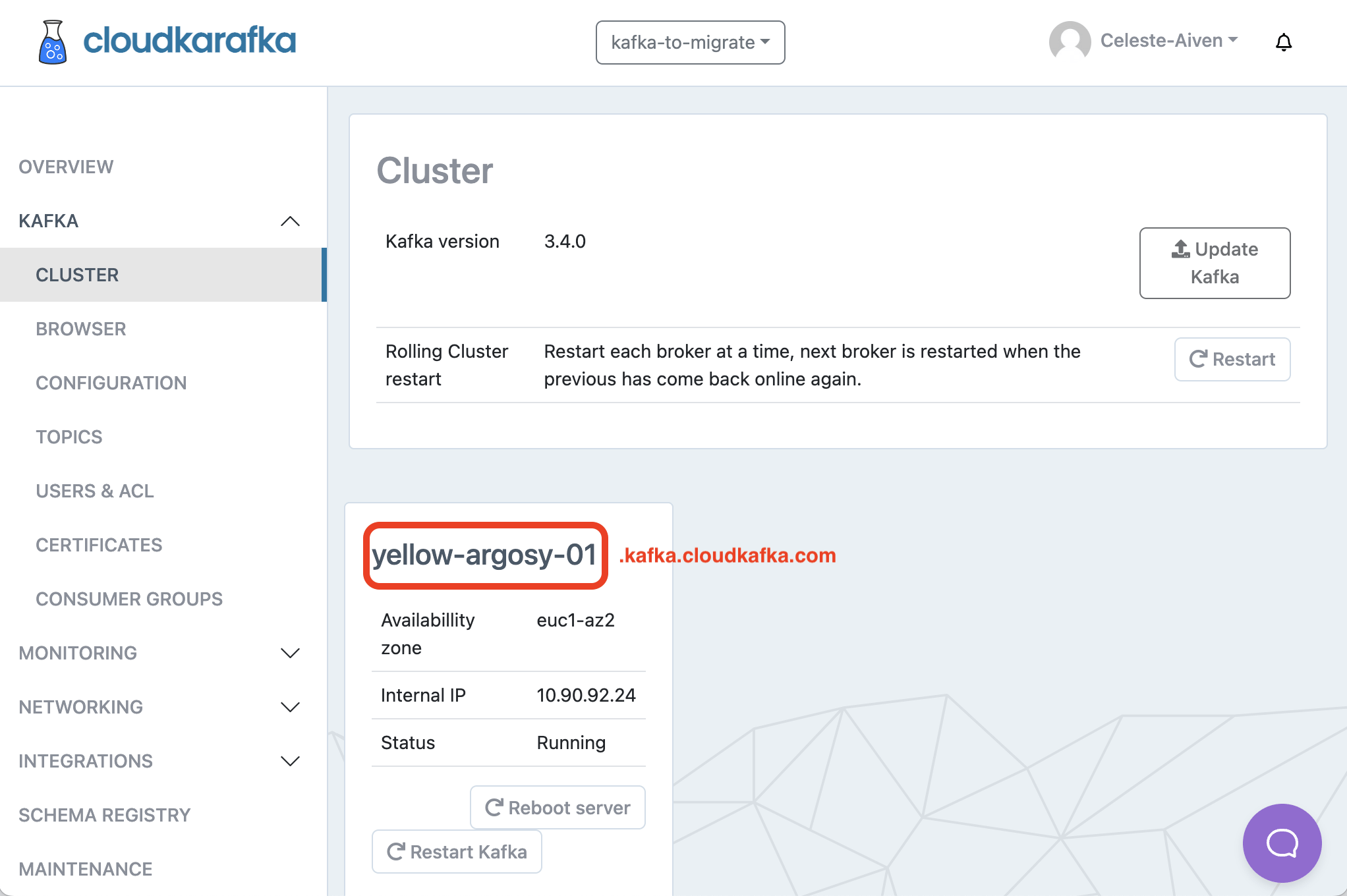 CloudKarafka Cluster page with server name highlighted. This will form the basis of the bootstrap servers in our next steps.