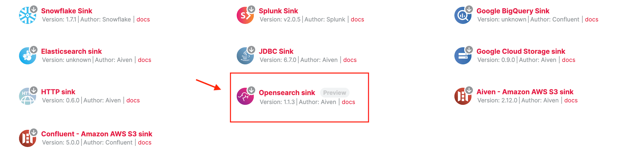 Select OpenSearch sink from the list of connectors