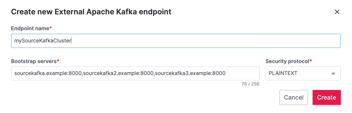 The list of parameters (endpoint name, bootstrap servers, security protocol) needed to define an External Apache Kafka integration
