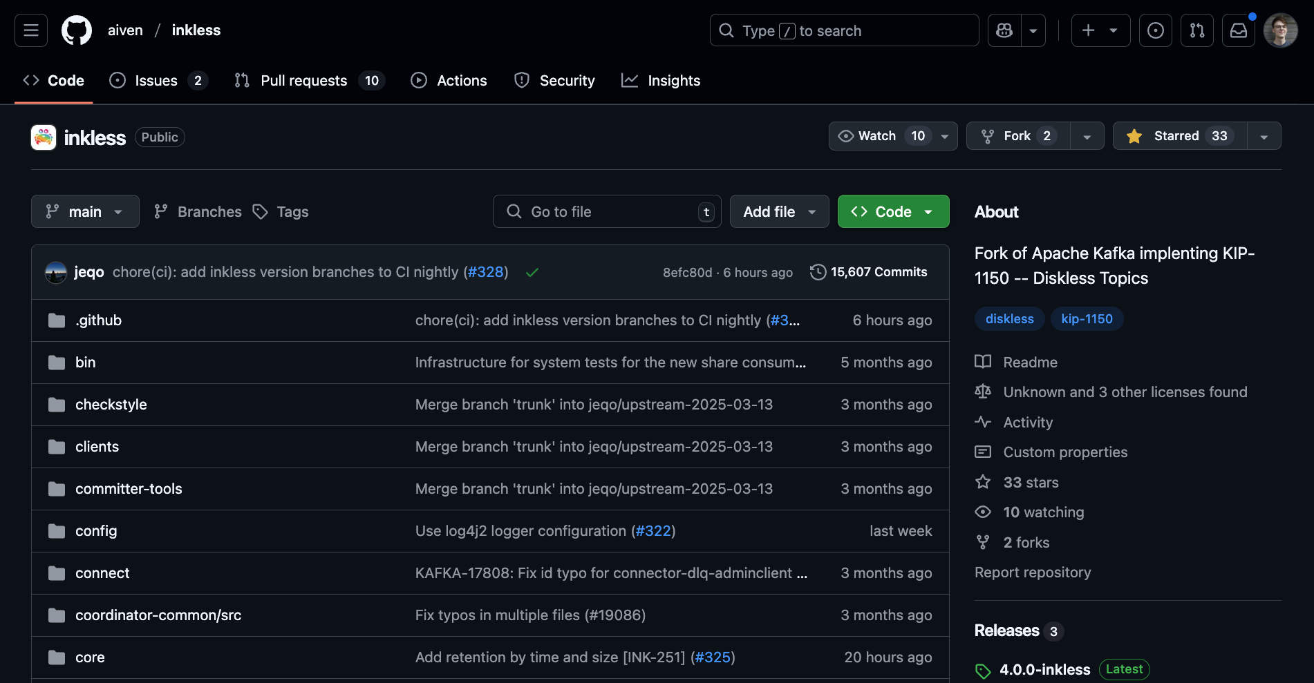 a screenshot of the aiven inkless repo