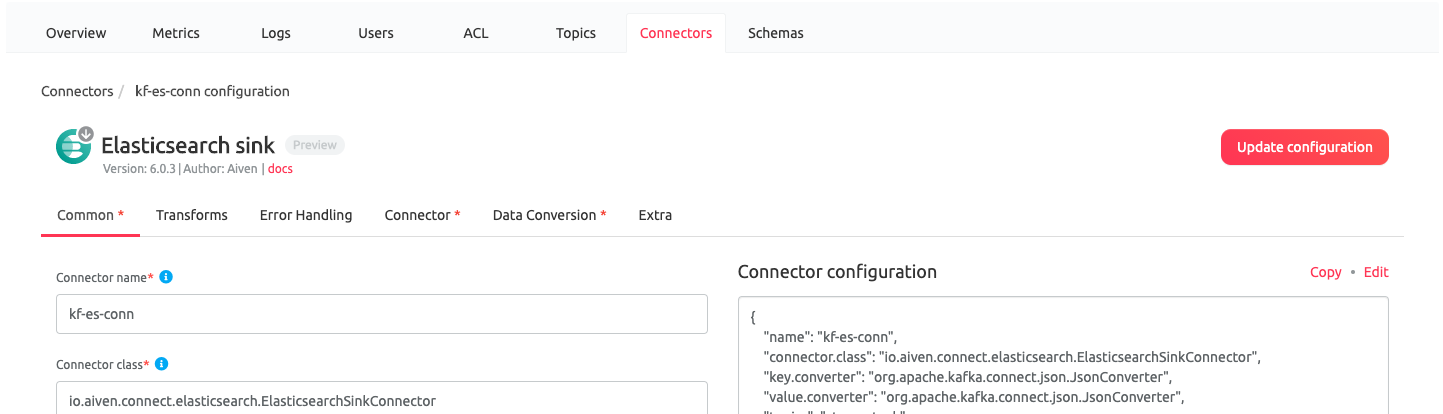 Kafka Connect Configuration in the Aiven Web Console