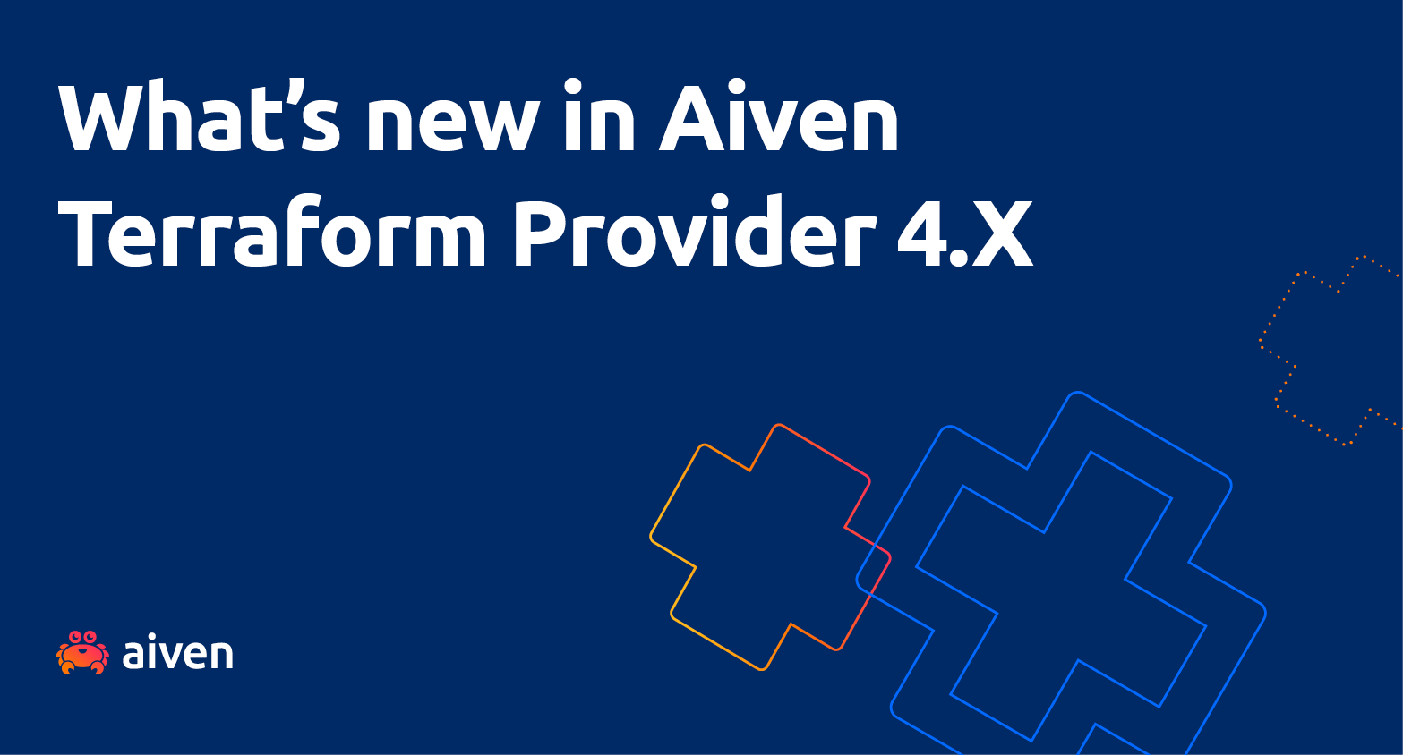 The text "What's new in Aiven Terraform Provider 4.X" against a blue background, with the Aiven cuddly crab logo at the bottom left