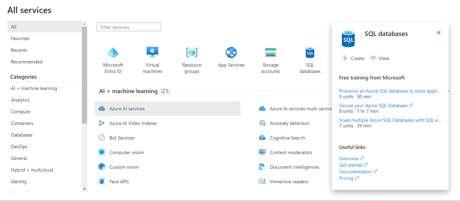 Azure all services view selecting SQL database