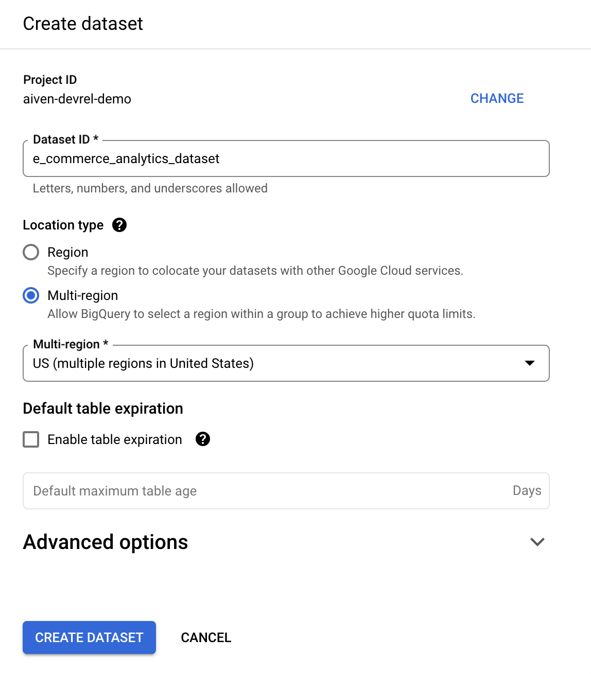 Creating a new dataset in Google Cloud BigQuery