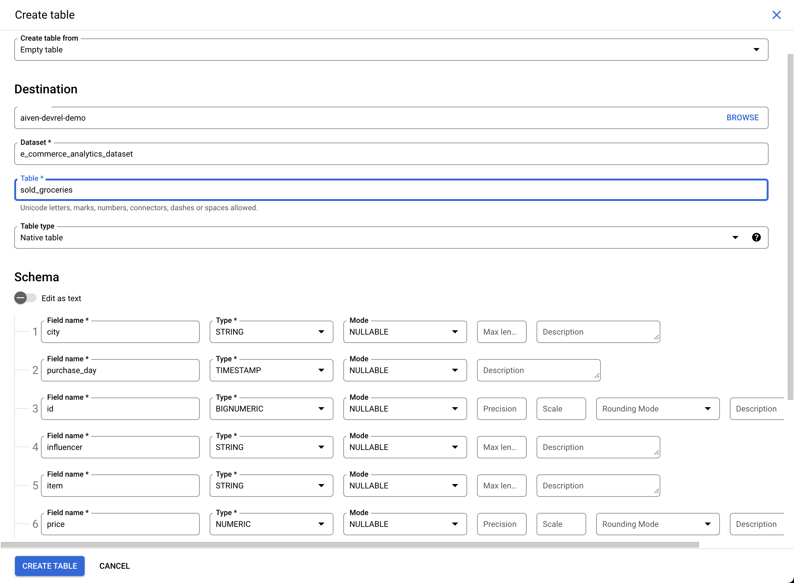 Creating a new table in Google Cloud BigQuery