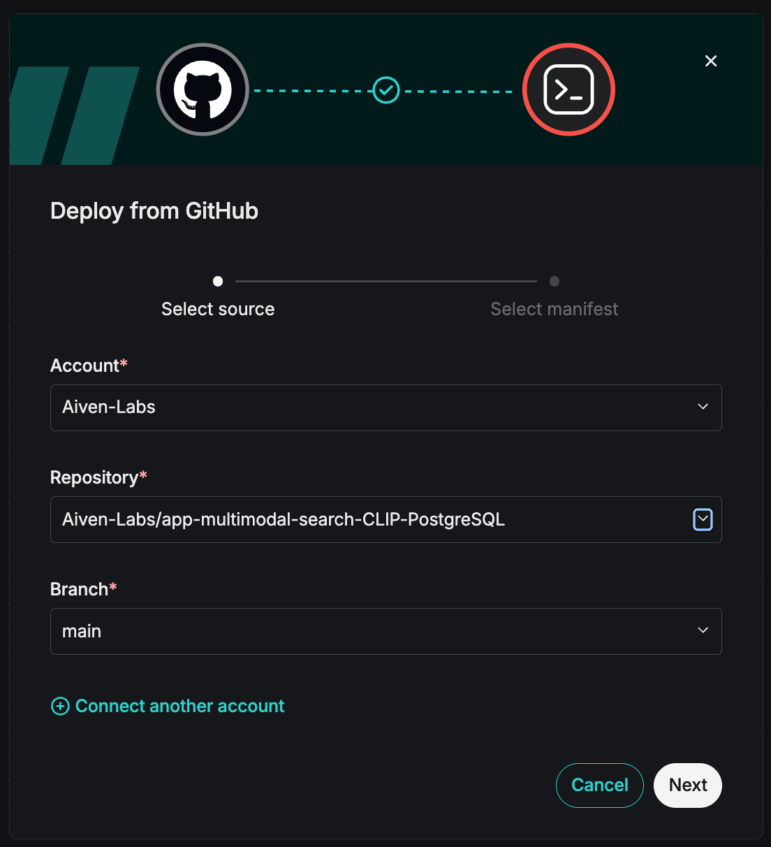 The Aiven Apps "Deploy from GitHub" dialog