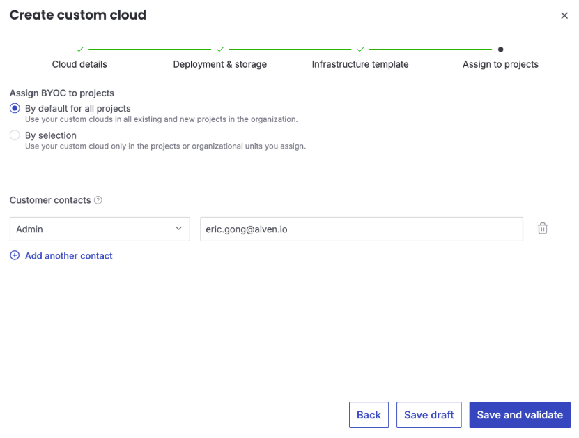 Aiven console screenshot showing the project assignment interface for the newly created BYOC custom cloud