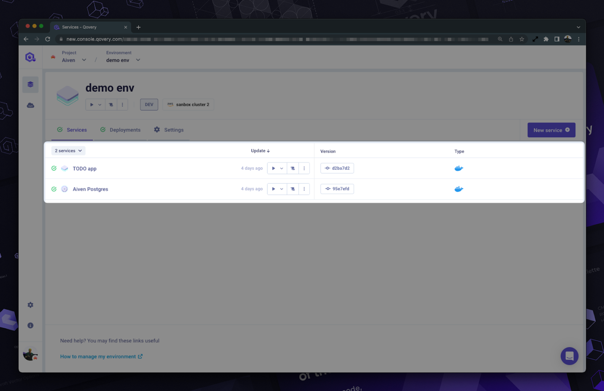 screenshot of the qovery web interface