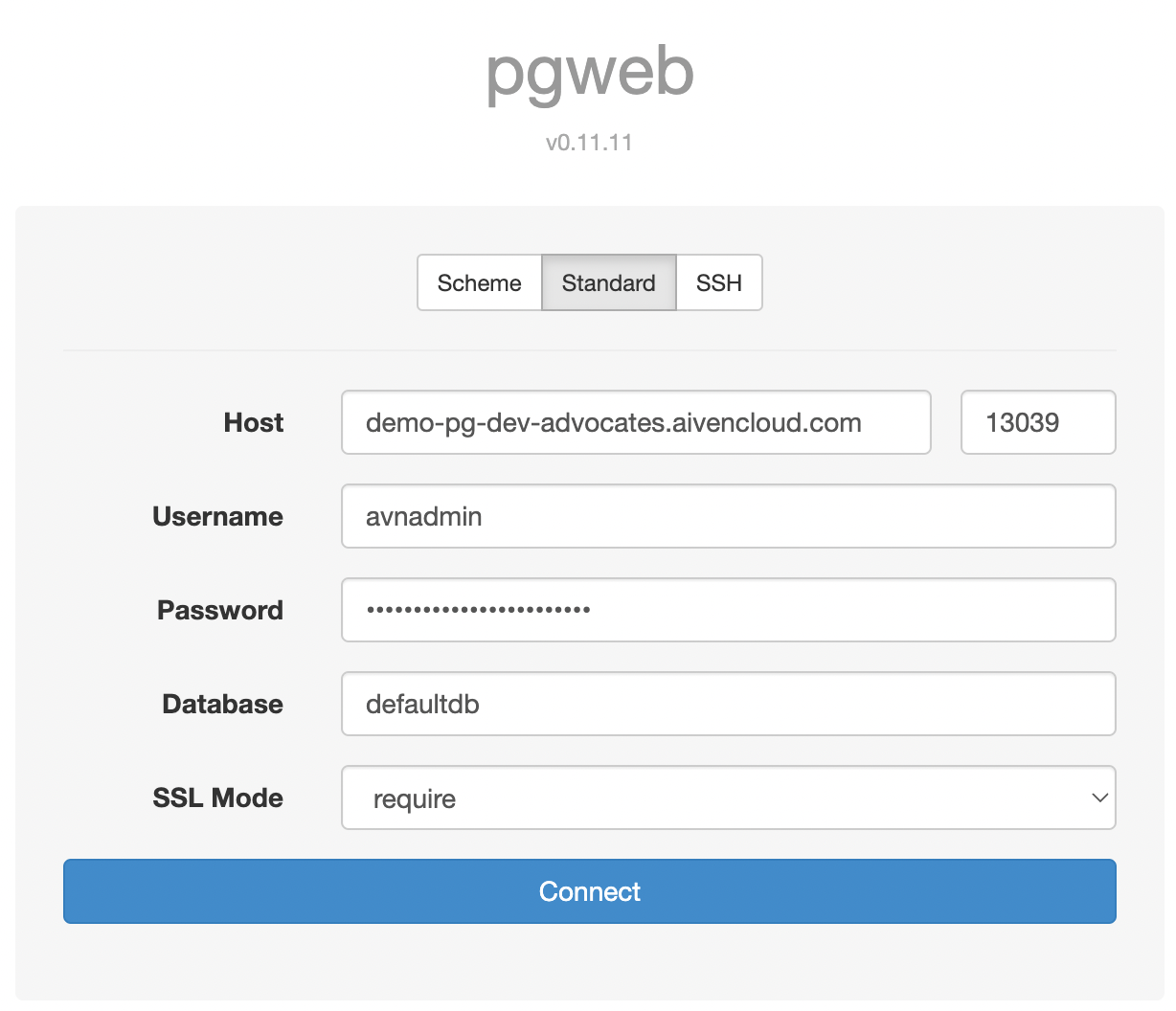 pgweb connection page