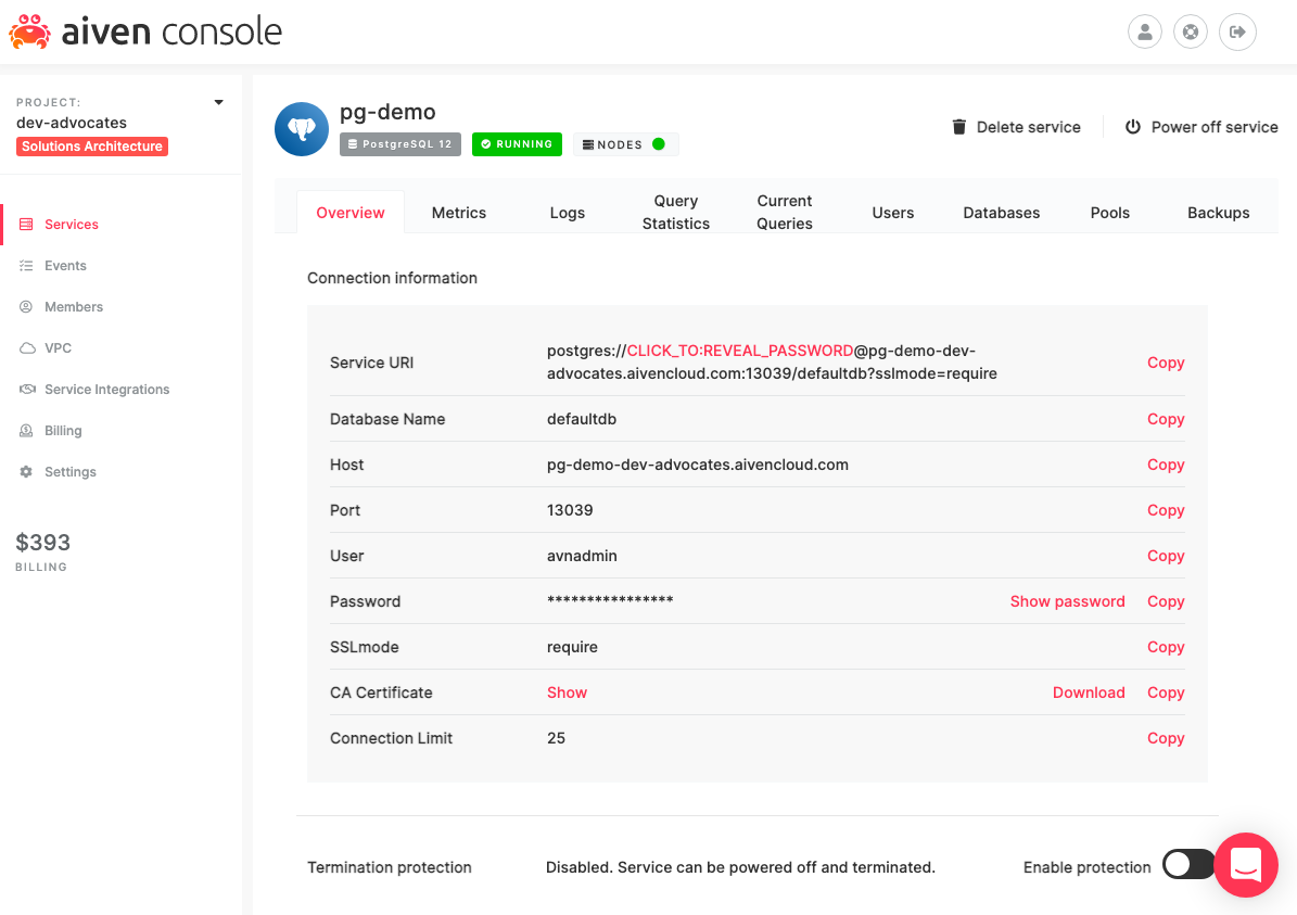 The Aiven Console Overview tab overview tab