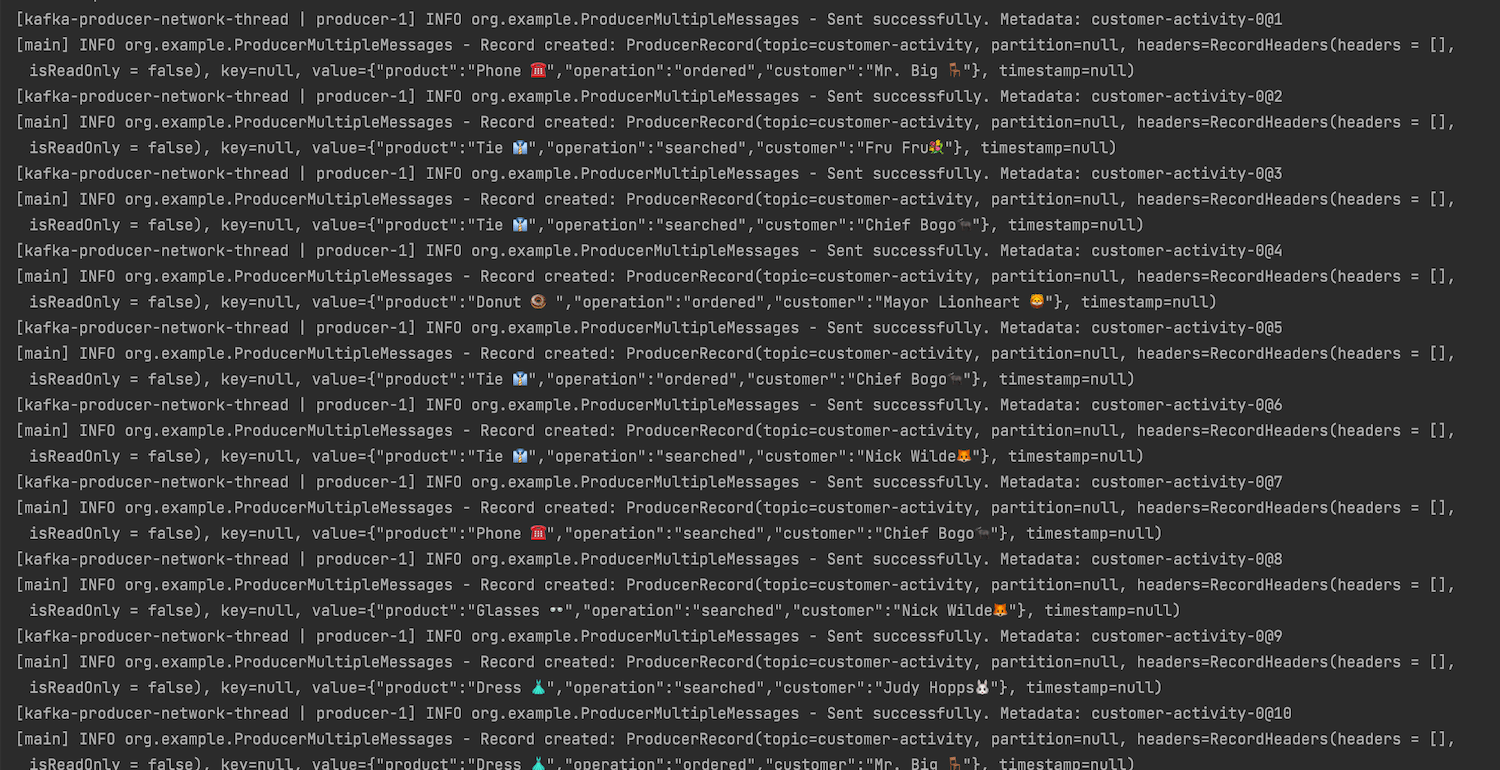 Screenshot showing the producer sending multiple messages to the Kafka topic